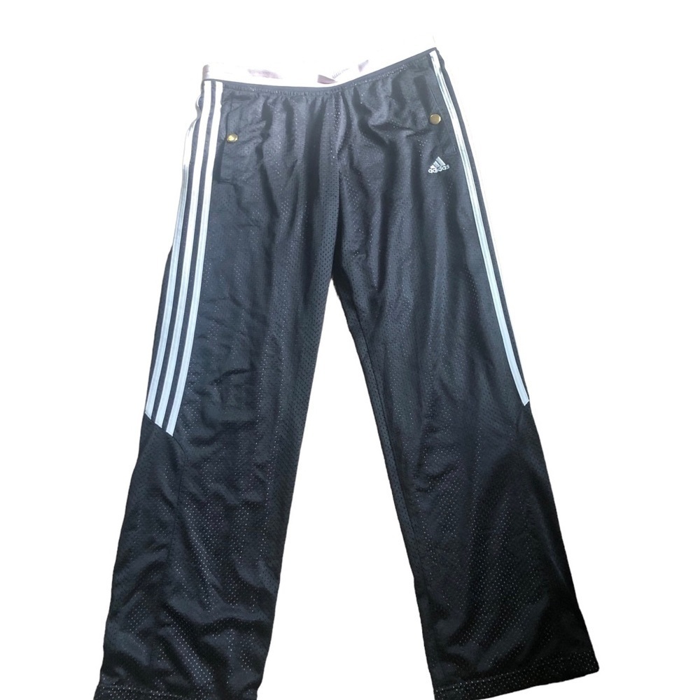 Adidas Originals Black Mesh Lined Track Pants Sz. M 3 Stripes Black Snap Pockets